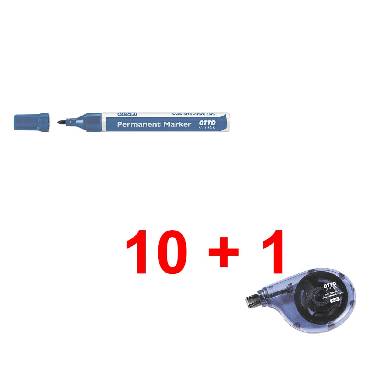 10x OTTO Office Permanent-Marker - ronde punt, Lijndikte 1,5  - 3,0 mm (XB) incl. Wegwerp correctieroller Mr. Sideway