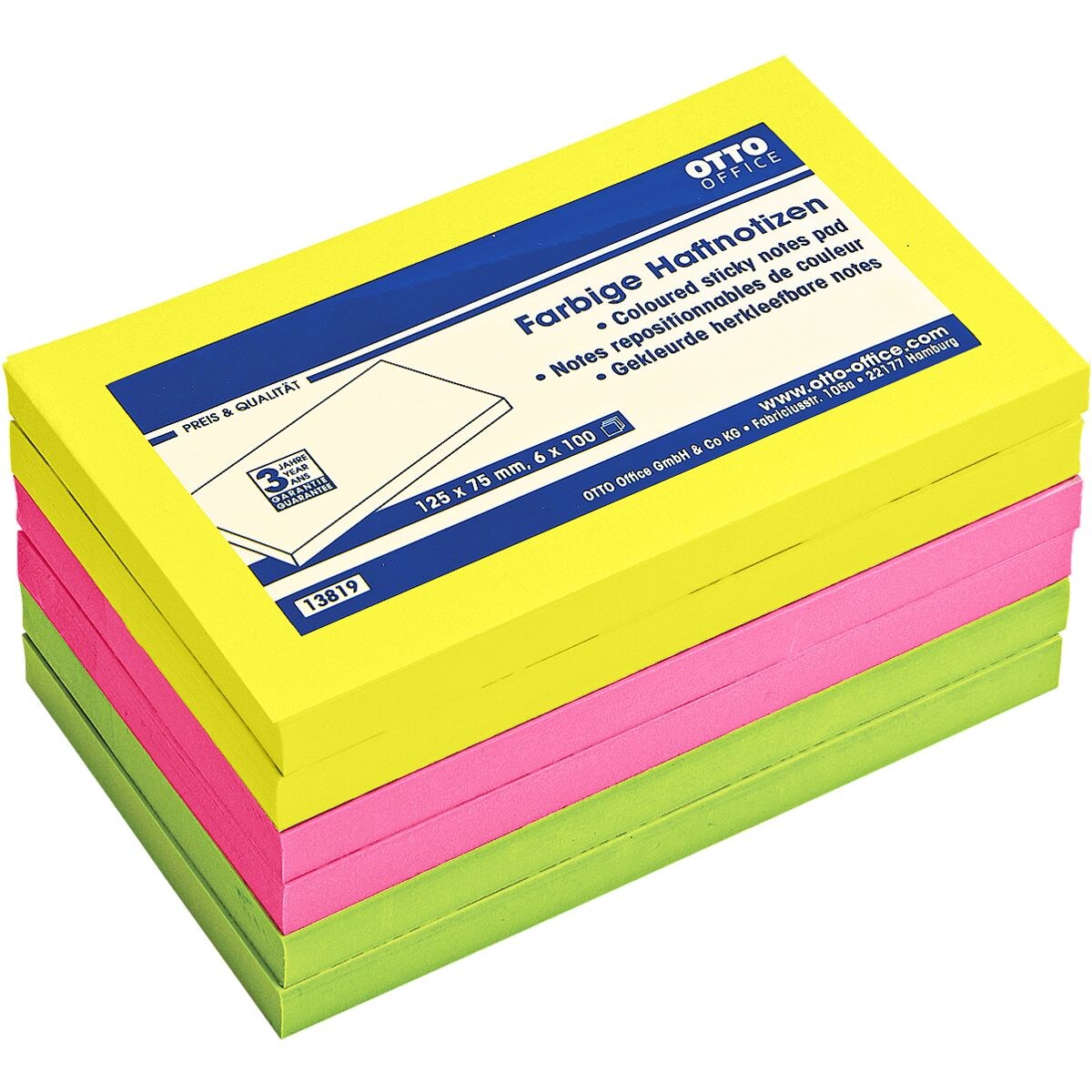 6x OTTO Office blok herkleefbare notes  12,5 x 7,5 cm, 600 bladen (totaal), gesorteerd in kleuren