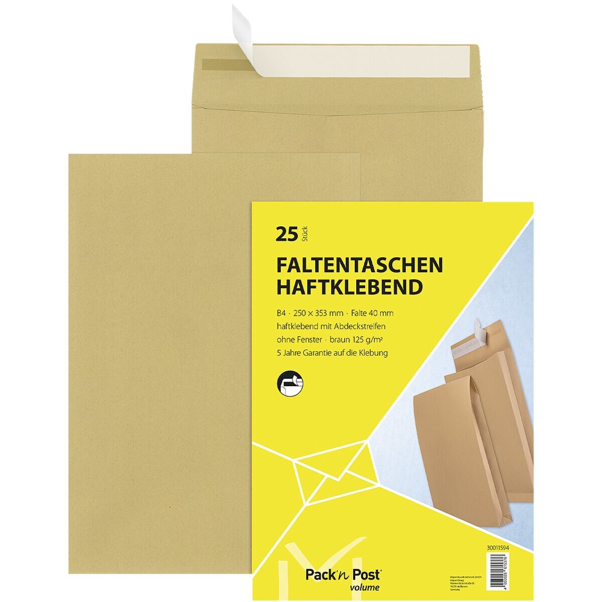 Mailmedia 25 zak-enveloppen met sta/blokbodem , B4 zonder venster