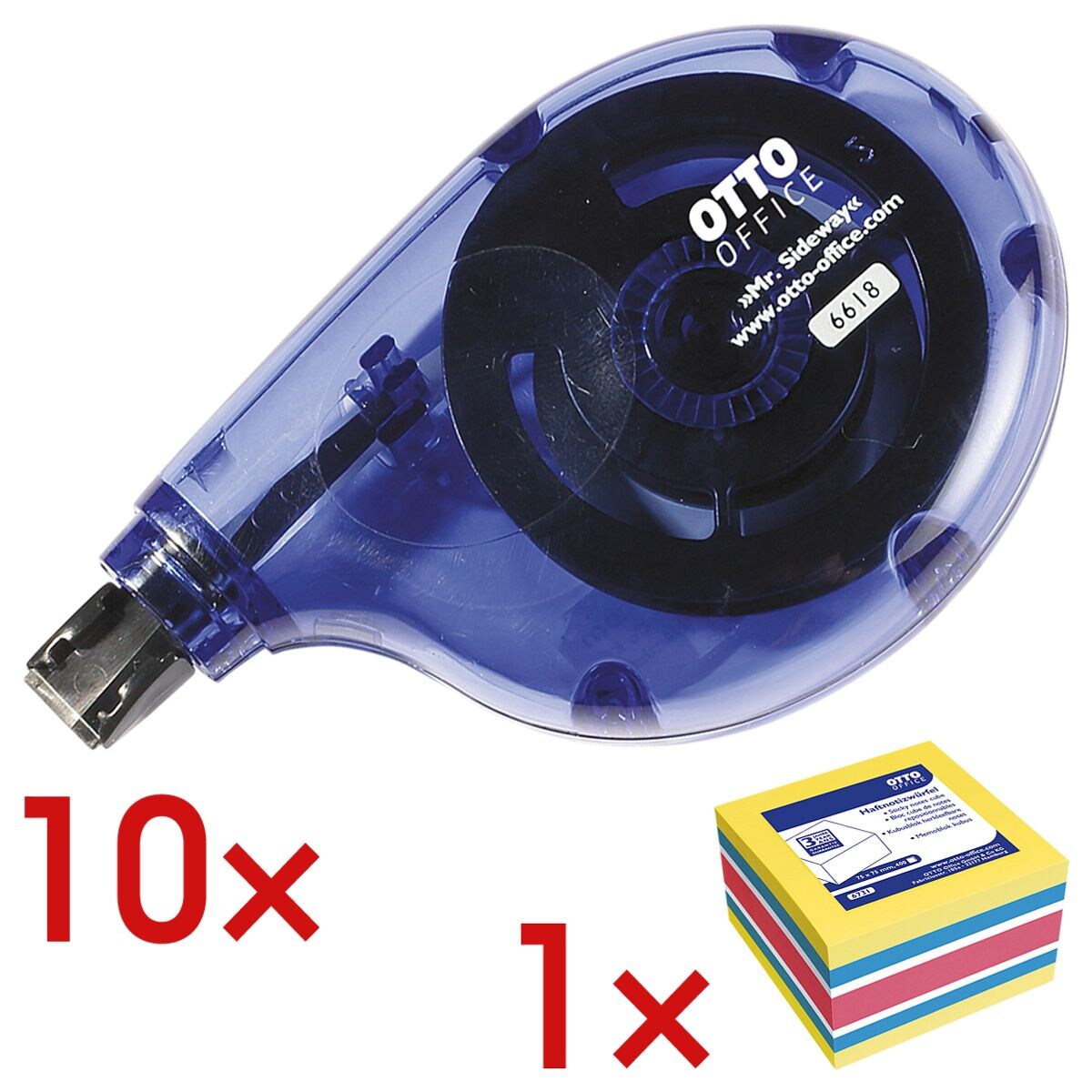 10x OTTO Office wegwerp correctieroller Mr. Sideway 4,2 mm / 8,5 m incl. Kubus herkleefbare notes 4 kleuren 75x75 mm 400 blaadjes