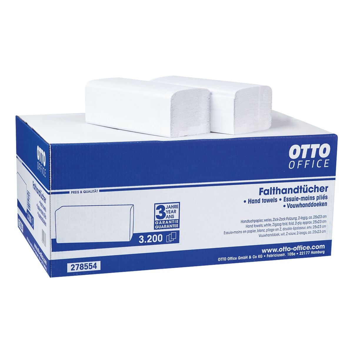 Papieren handdoekjes OTTO Office standaard 2-laags, natuurwit, 25 cm x 23 cm van tissue met Z-vouw - 3200 bladen (totaal)