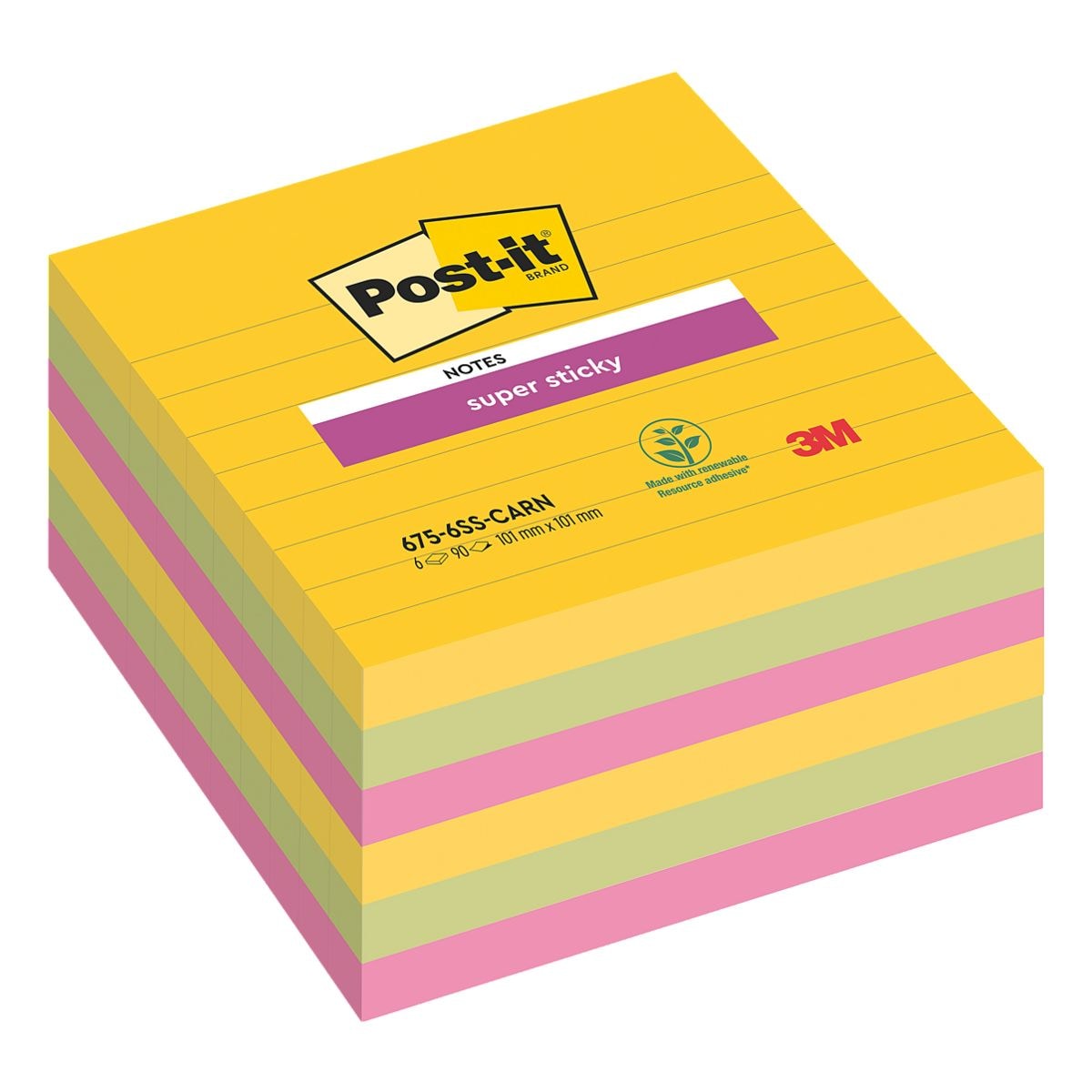 6x Post-it Super Sticky blok herkleefbare notes  Carnaval Collection gelinieerd 10,1 x 10,1 cm, 540 bladen (totaal), gesorteerd in kleuren 675-6SS-CARN
