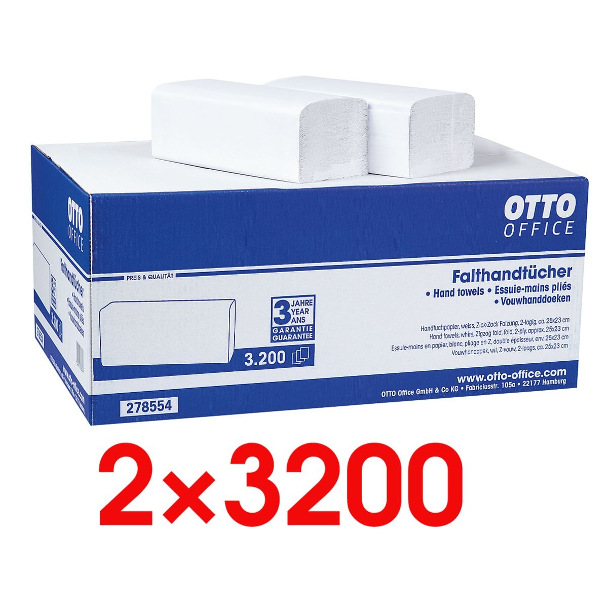2x Papieren handdoekjes OTTO Office standaard 2-laags, natuurwit, 25 cm x 23 cm van tissue met Z-vouw - 6400 bladen (totaal)