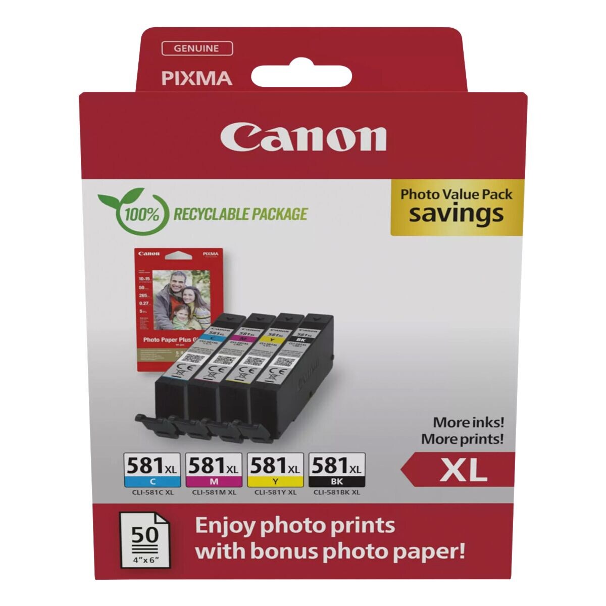 Canon Value pak: inktpatronen-set »CLI-581XL BK/C/M/Y« incl. 50 bladen fotopapier 10x15 cm