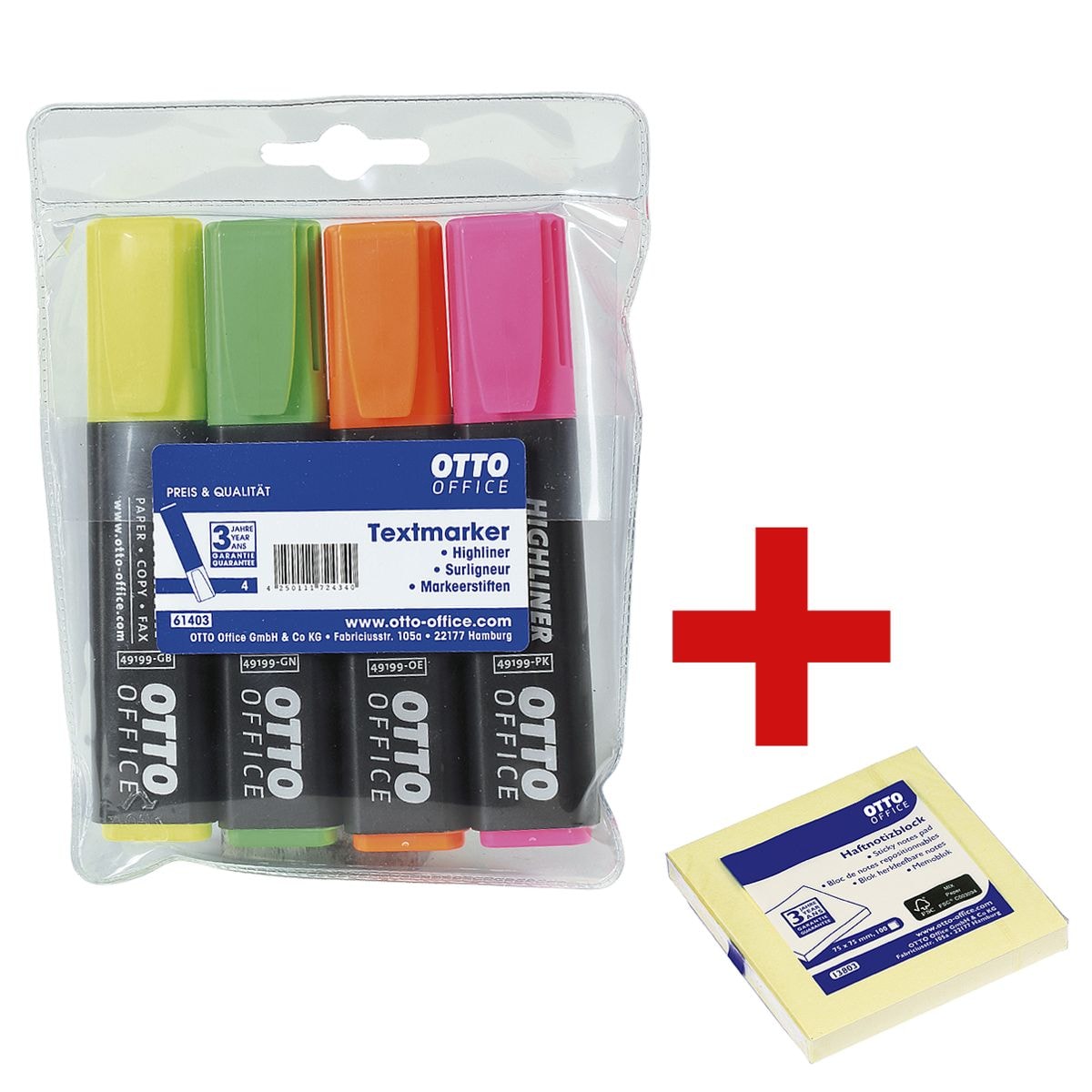 4x OTTO Office Markeerstift Highliner schuine punt incl. Blok herkleefbare notes 75 x 75 mm geel