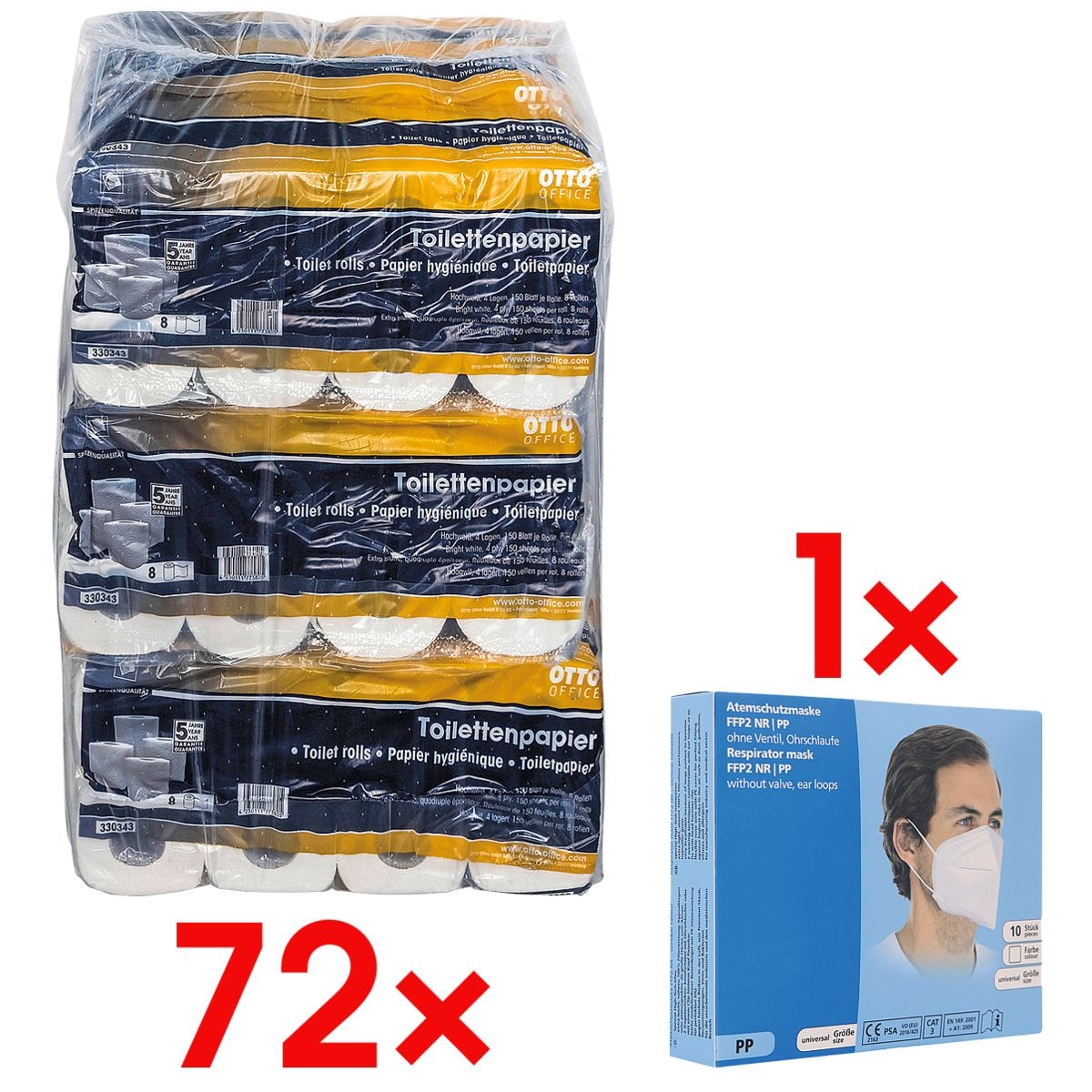 Toiletpapier Premium 4-laags - 72 rollen incl. 10 adembeschermingsmaskers FFP2