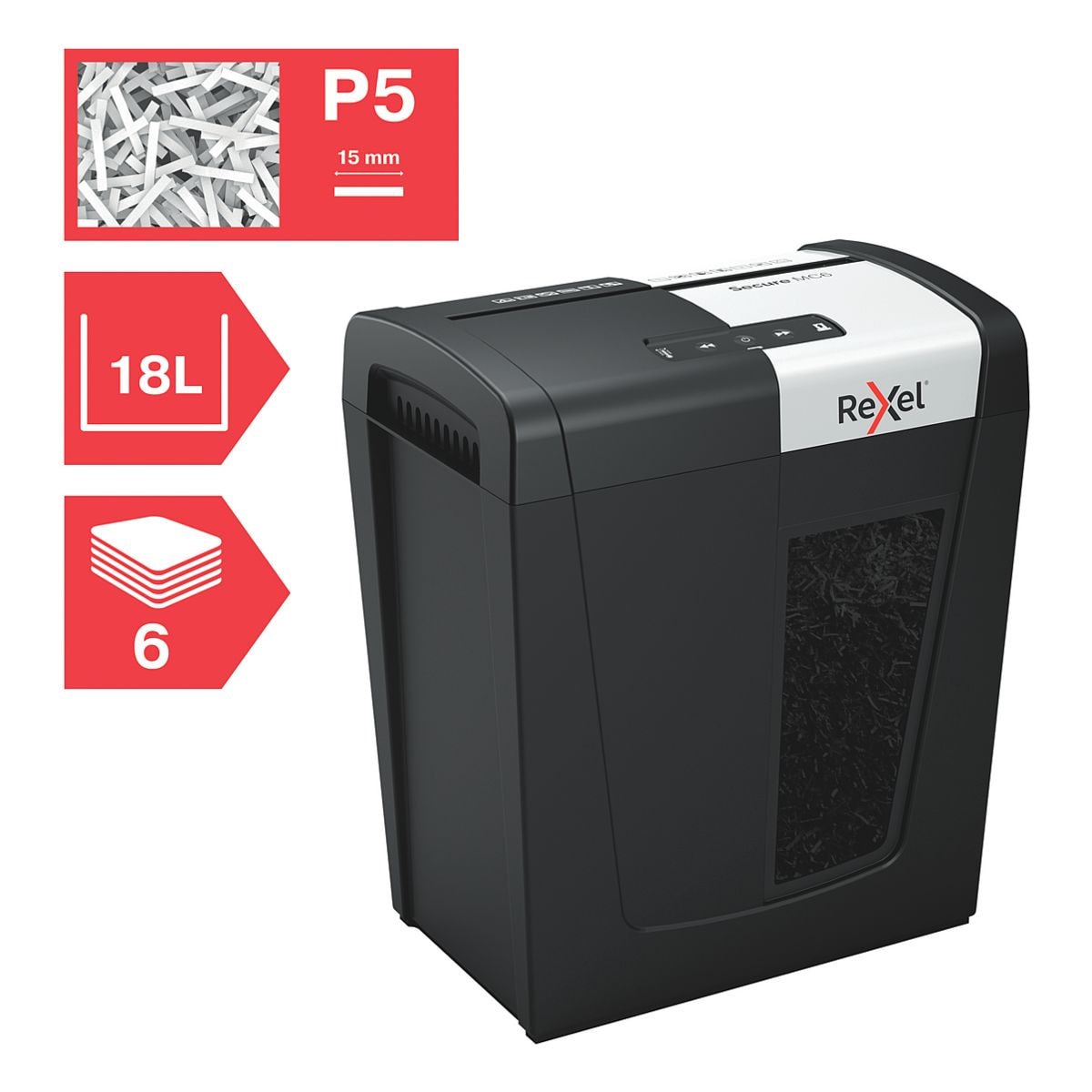 papiervernietiger Rexel Secure MC6 Whisper-Shred, Veiligheidsklasse 5, micro (2 x 15 mm), tot 6 bladen