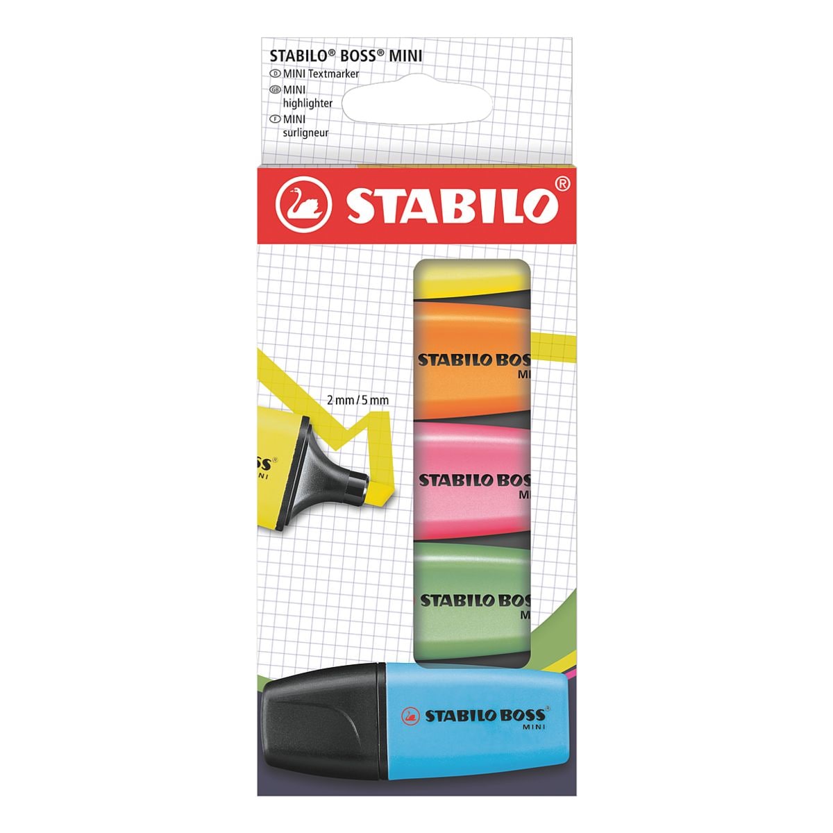 5x STABILO Markeerstift Boss® mini geel / oranje / groen / roze / blauw, schuine punt