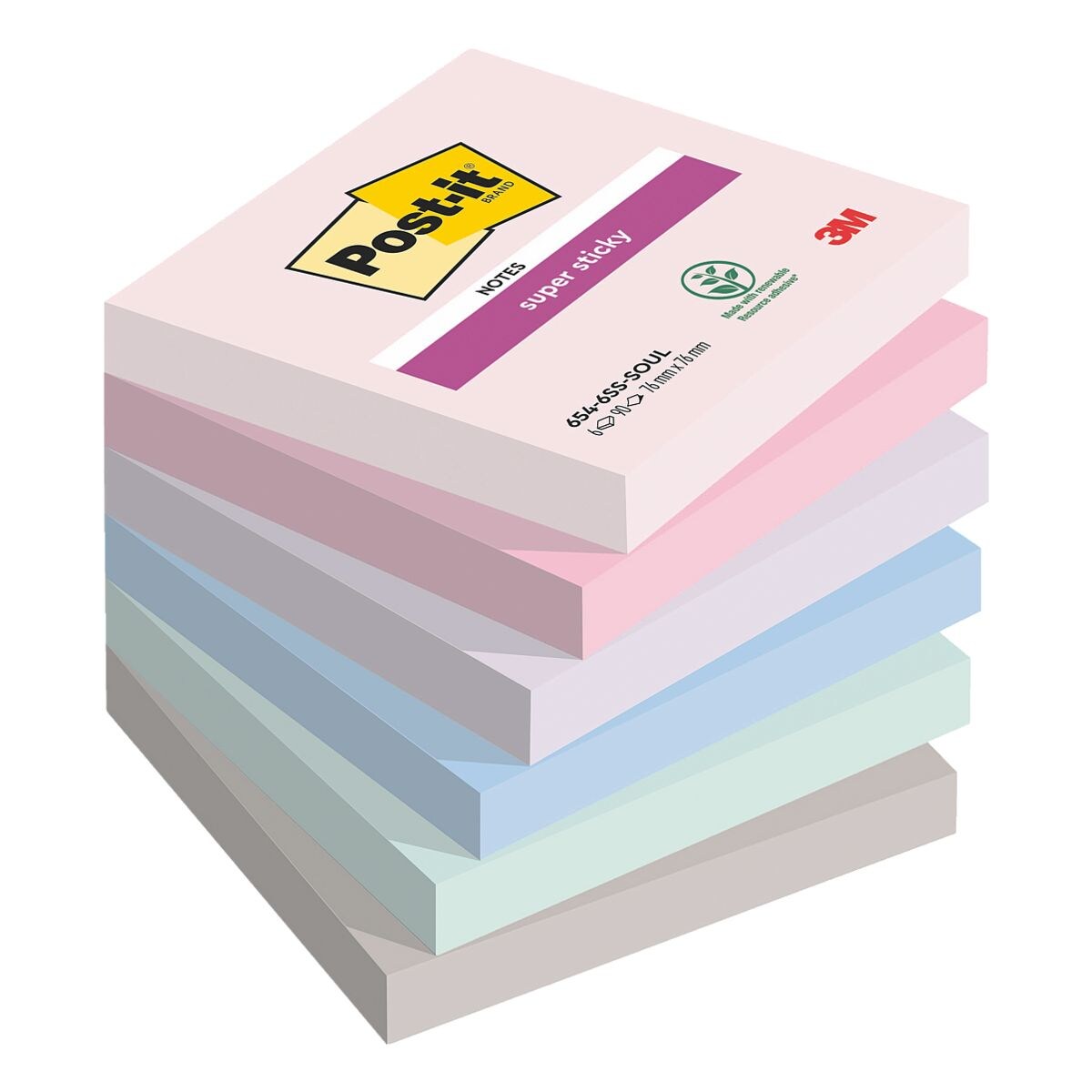 6x Post-it Super Sticky blok herkleefbare notes Soulful Collection 7,6 x 7,6 cm, 540 bladen (totaal) 654-6SS-SOUL
