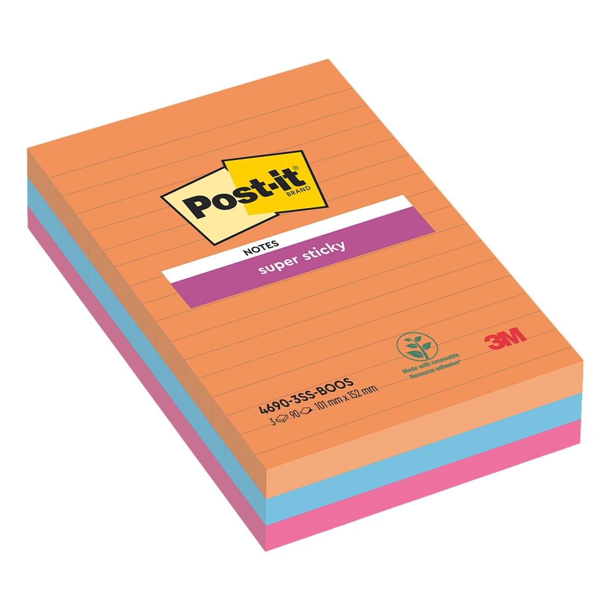 3x Post-it Super Sticky blok herkleefbare notes Boost Collectie gelinieerd 10,1 x 15,2 cm, 270 bladen (totaal) 4690-3SS-BOOS
