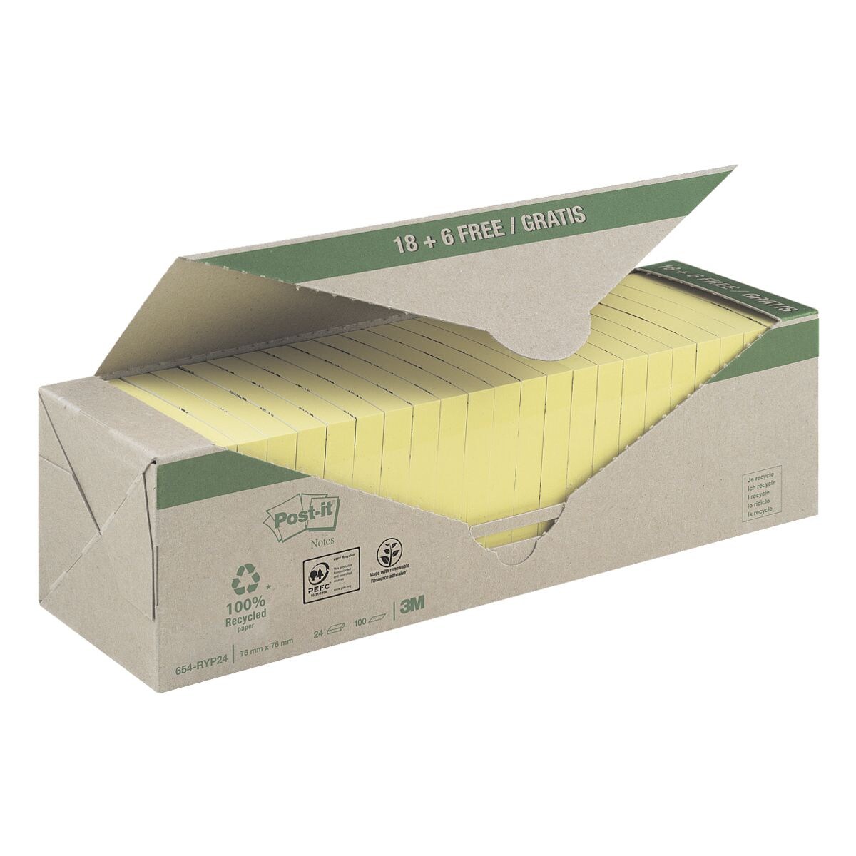 Herkleefbare notes Recycling Notes  76 x 76 mm  24 blokken geel
