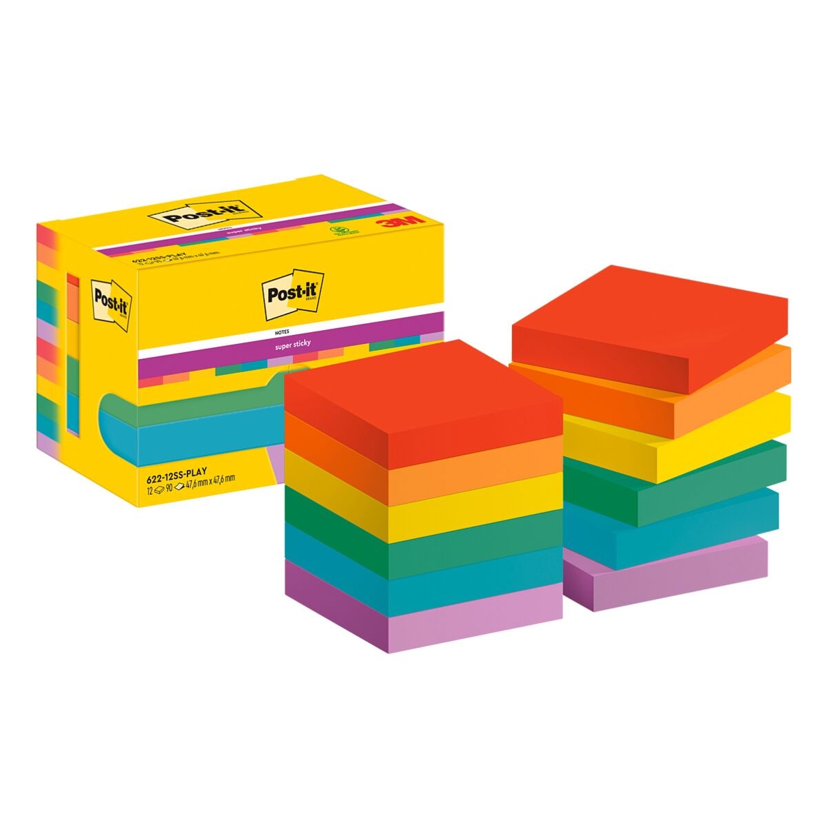 12x Post-it Super Sticky blok herkleefbare notes  Playful Collection 4,76 x 4,76 cm, 1080 bladen (totaal) 622-12SS-PLAY