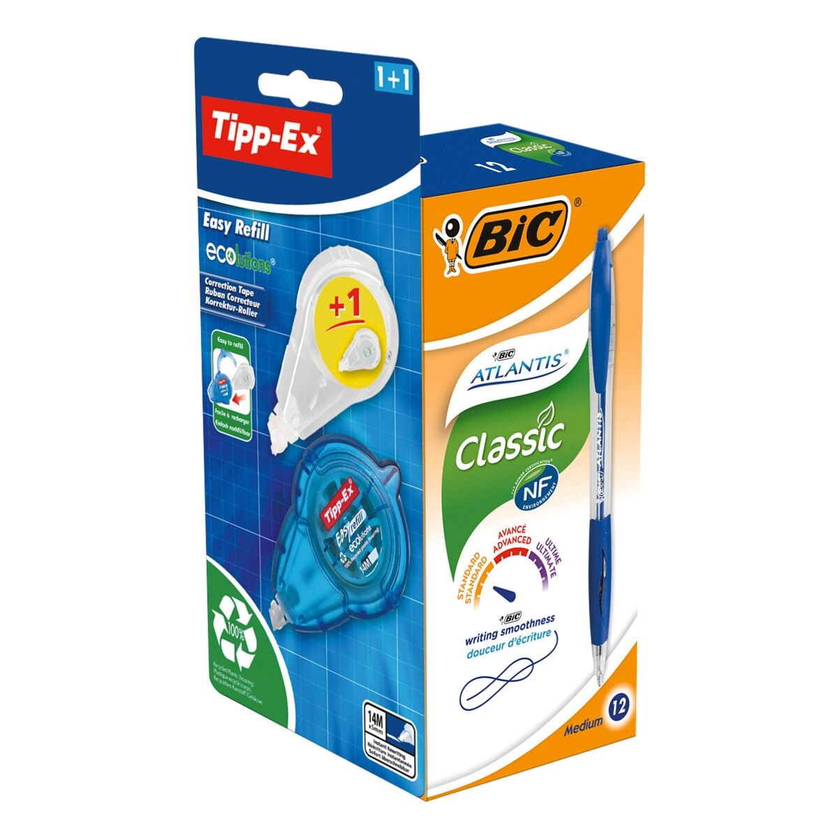 BIC Pak met 12 balpennen met intrekmechanisme »Atlantis Classic« + correctieroller »Easy Refill ecolutions®« + vulling