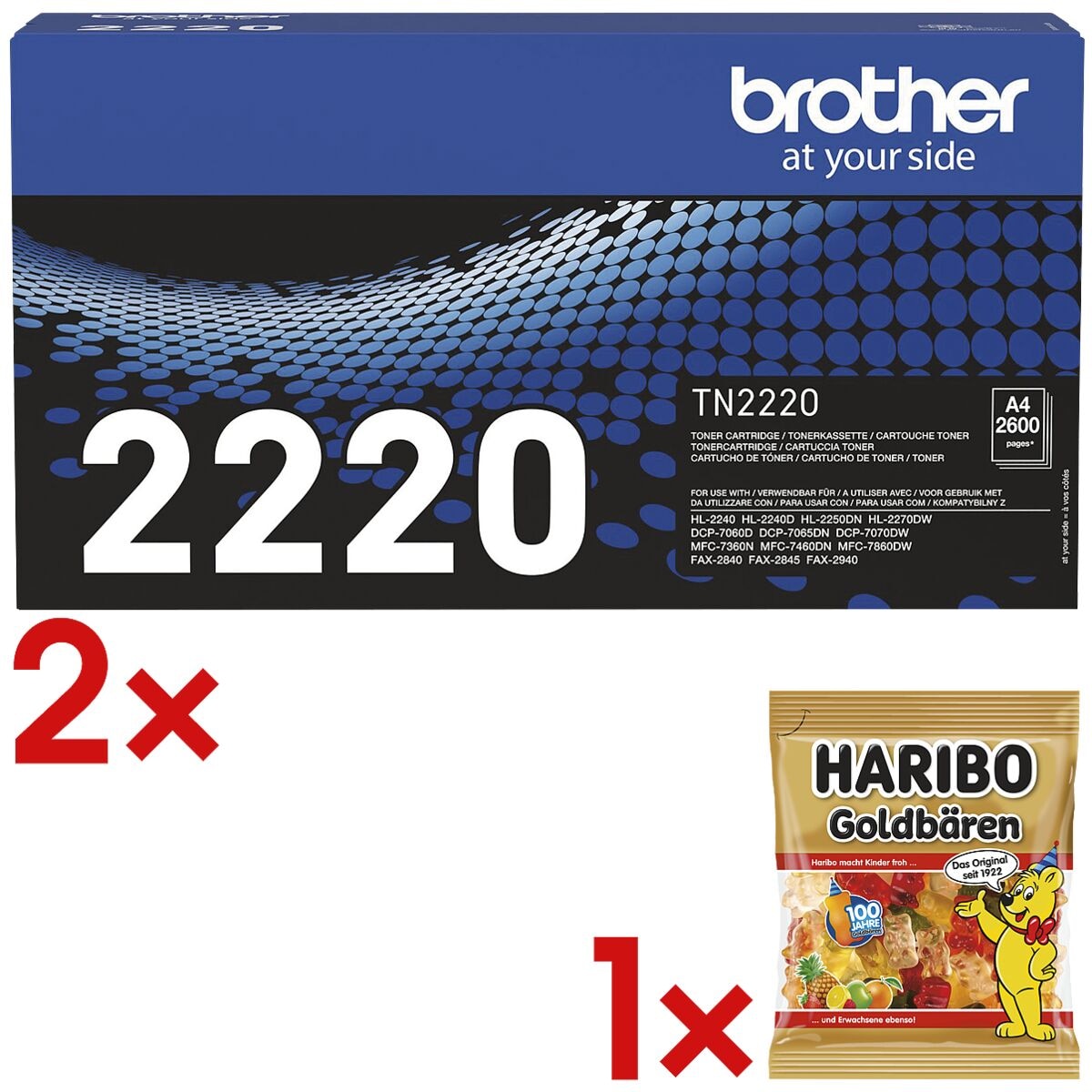 Brother 2x printcartridge TN-2220 incl. vruchtengom Goldbren