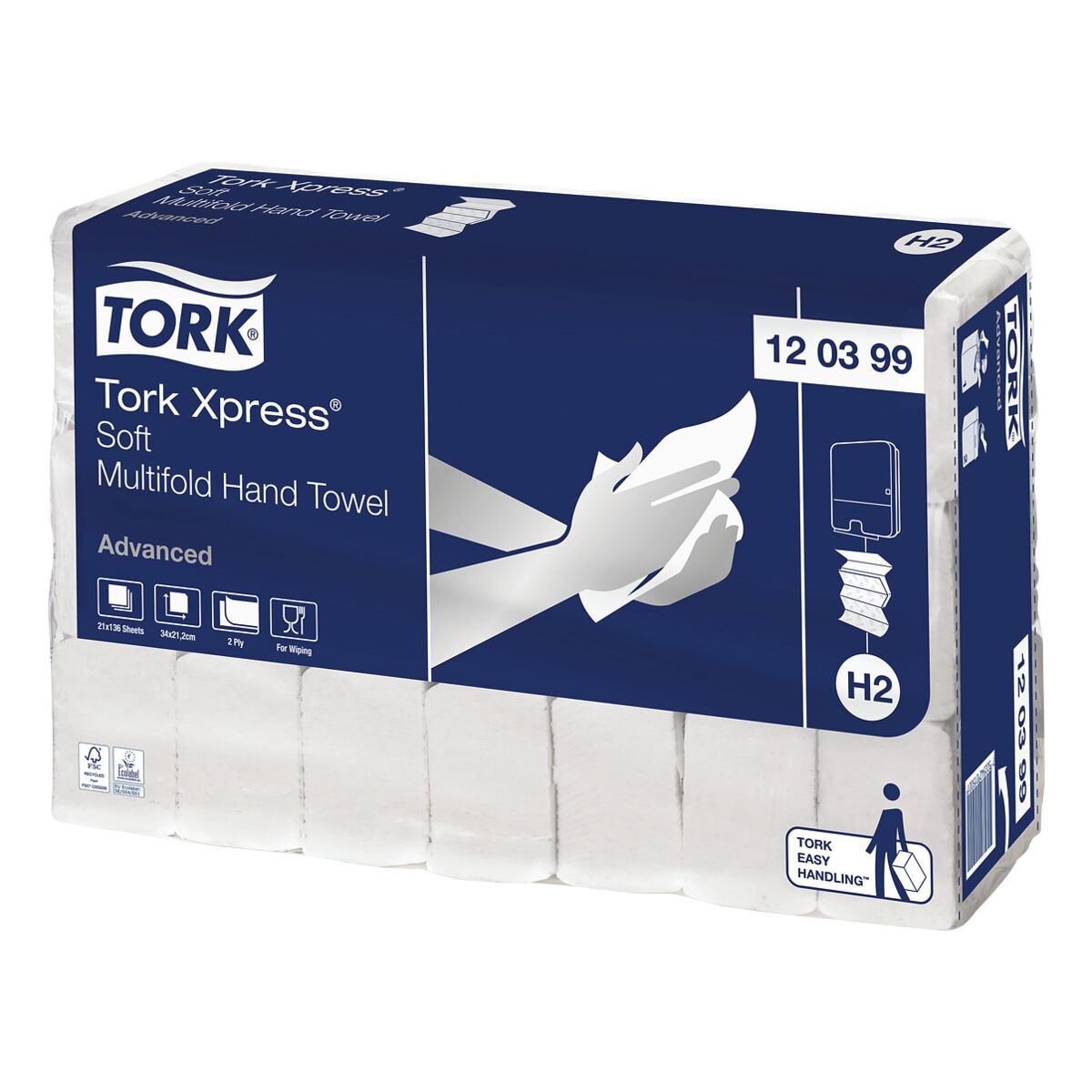 Papieren handdoekjes Tork Xpress® Soft Multifold Advanced H2 2-laags, wit, 21,2 cm x 34 cm van 100% gerecycleerd vezels met I-vouw - 2856 bladen (totaal)
