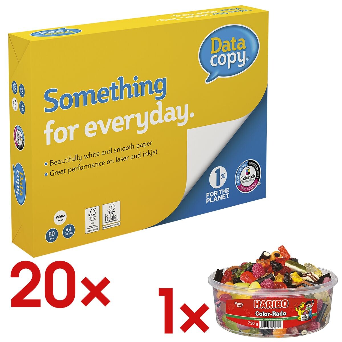 20x Multifunctioneel printpapier A4 Data-Copy Everyday Printing - 10000 bladen (totaal) incl. Fruitgom »Color-Rado« party box 750 g