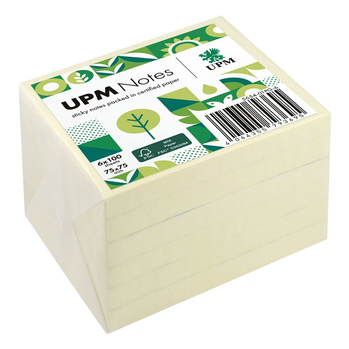 6x UPM Herkleefbare notes »5654-01PG-6« in pergamijn verpakt 7,5 x 7,5 cm, 600 bladen (totaal), geel