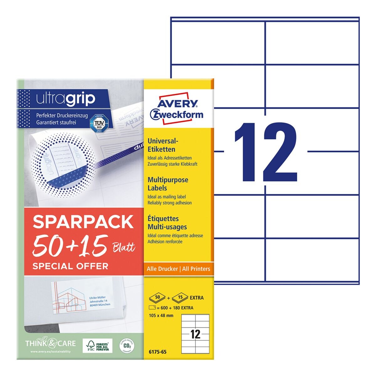Avery Zweckform Universele etiketten permanent wit 105x48 mm 780 stuks 6175-65 met ultragrip