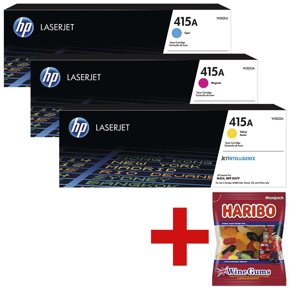 HP Set van 3 toners »HP 415A« cyaan / magenta / geel incl. fruitgom »Wine Gums«