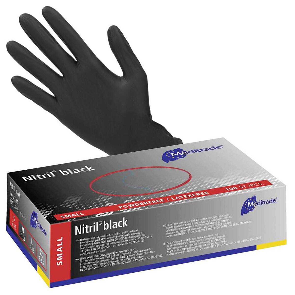 100 MEDITRADE wegwerphandschoenen Nitril® black Nitril, Maat S zwart
