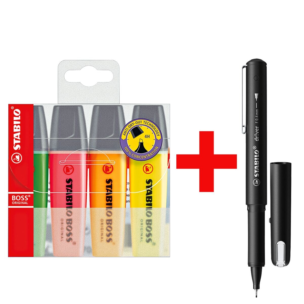 4x STABILO Markeerstift BOSS® Original navulbaar schuine punt incl. Fineliner dr!ver 0,4 mm (F) zwart