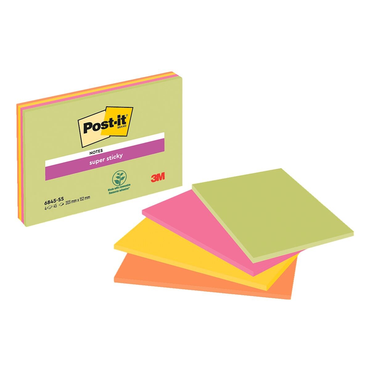 4x Post-it Super Sticky Meeting Notes XXXL blok herkleefbare notes  20,3 x 15,2 cm, 180 bladen (totaal), gesorteerd in kleuren
