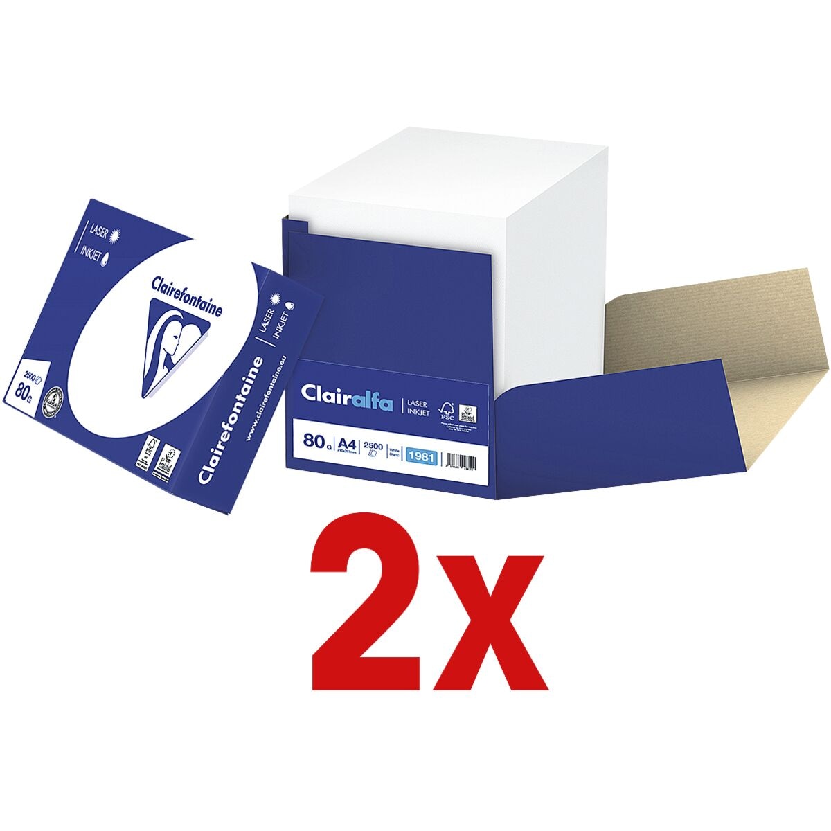 2x Maxi-box multifunctioneel printpapier A4 Clairefontaine 2800 - 5000 bladen (totaal), 80g/qm