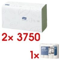 2x Papieren handdoekjes Tork ZigZag 2-laags, groen, 25 cm x 23 cm van tissue met Z-vouw - 7500 bladen (totaal) incl. Keukenrol Premium 3-laags, 4 rollen