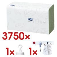 Papieren handdoekjes Tork ZigZag 2-laags, groen, 25 cm x 23 cm van tissue met Z-vouw - 3750 bladen (totaal) incl. Magneetlijst ST1350  50 cm wit + Magnetische haak HM25 hechtkracht 4 kg