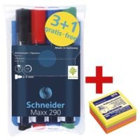 Schneider Etui met 4 whiteboard & flipchart markers Maxx 290 incl. kubus zelfklevende notes 50x50 mm Mini 4 neon kleuren