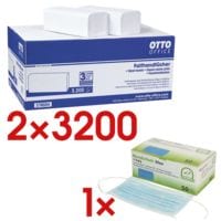 2x Papieren handdoekjes OTTO Office 2-laags, natuurwit, 25 cm x 23 cm van tissue met Z-vouw - 6400 bladen (totaal) incl. Pak met 50 medische maskers type II, 3-laags vlies