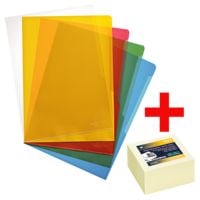 Durable 100 stuks transparante zakken A4 kleur generfd 2337 (5 kleuren elk 20 st.) incl. blok herkleefbare notes extra sterk 75 x 75 mm