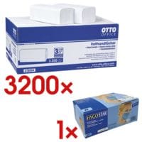 Papieren handdoekjes OTTO Office 2-laags, natuurwit, 25 cm x 23 cm van tissue met Z-vouw - 3200 bladen (totaal) incl. 50 stuks mondbescherming type II masker HYGOSTAR, 3-laags, blauw