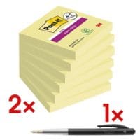 2x Post-it Super Sticky notes 7,6 x 7,6 cm, 1080 bladen (totaal), geel incl. Balpen met druksysteem M10