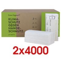 2x Papieren handdoekjes Green Hygiene Frieda CO₂-neutrale productie 2-laags, hoogwit, 25 cm x 23 cm van gerecycleerd-tissue van 100% oud papier met Z-vouw - 8000 bladen (totaal)