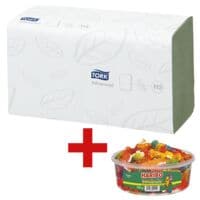 Papieren handdoekjes Tork ZigZag 2-laags, groen, 25 cm x 23 cm van tissue met Z-vouw - 3750 bladen (totaal) incl. Fruitgom Phantasia party box 750 g