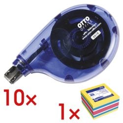 10x OTTO Office wegwerp correctieroller Mr. Sideway 4,2 mm / 8,5 m incl. Kubus herkleefbare notes 4 kleuren 75x75 mm 400 blaadjes