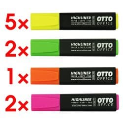 10x OTTO Office Markeerstift Highliner, schuine punt, 5 x geel / 2x elk groen en roze / 1x oranje