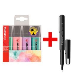 4x STABILO Markeerstift BOSS® Original Pastell schuine punt incl. Fineliner dr!ver 0,4 mm (F) zwart