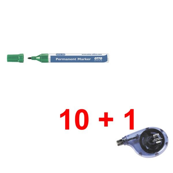 10x OTTO Office Permanent-Marker - ronde punt, Lijndikte 1,5  - 3,0 mm (XB) incl. Wegwerp correctieroller Mr. Sideway
