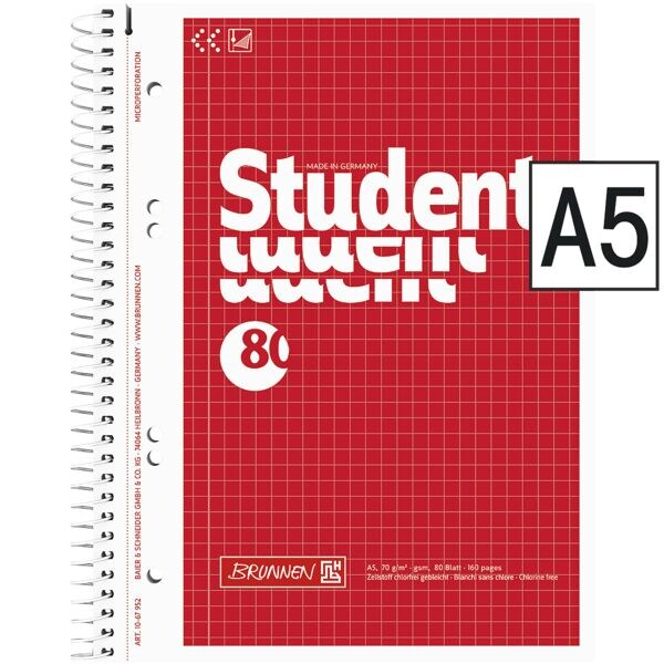 collegeblok Brunnen student A5 geruit, 80 bladen