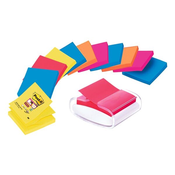 12x Post-it Super Sticky blok herkleefbare notes  Z-Notes 7,6 x 7,6 cm, 1080 bladen (totaal), gesorteerd in kleuren