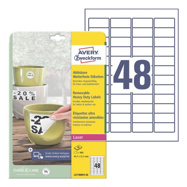 Avery Zweckform Watervaste folie-etiketten 45,7x21,2 mm �L4778REV-20� weer verwijderbaar