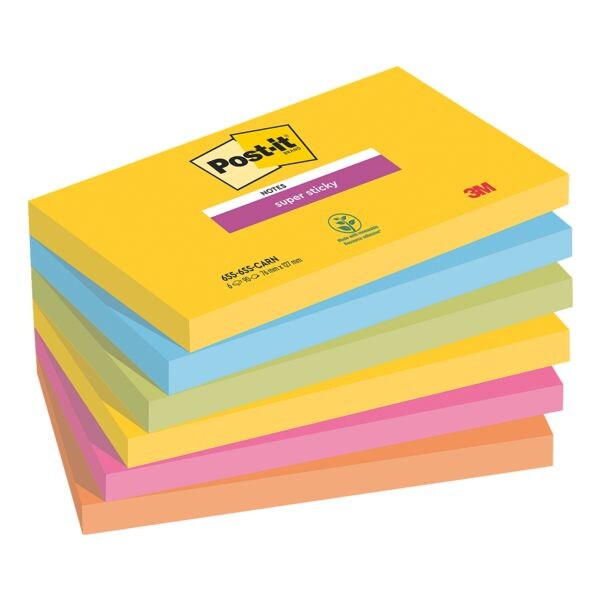 6x Post-it Super Sticky blok herkleefbare notes  Carnival Collection 7,6 x 12,7 cm, 540 bladen (totaal), gesorteerd in kleuren 655-6SS-CARN