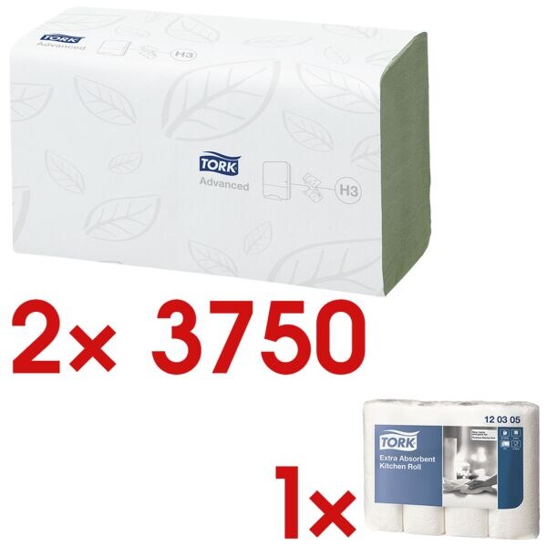 2x Papieren handdoekjes Tork ZigZag 2-laags, groen, 25 cm x 23 cm van tissue met Z-vouw - 7500 bladen (totaal) incl. Keukenrol �Premium� 3-laags, 4 rollen