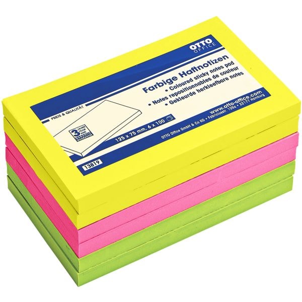 6x OTTO Office blok herkleefbare notes  12,5 x 7,5 cm, 600 bladen (totaal), gesorteerd in kleuren