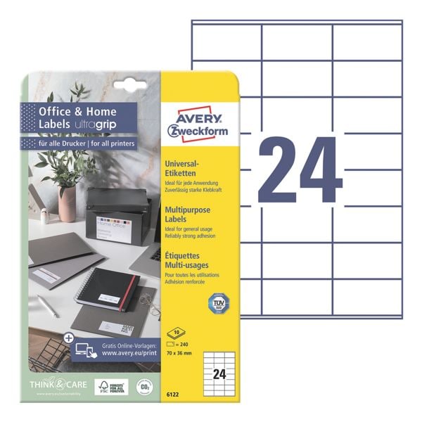 Avery Zweckform Universele etiketten permanent wit 36x70 mm 240 stuks 6122 met ultragrip