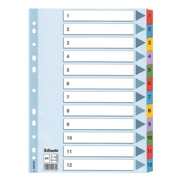 Esselte tabbladen, A4, 1-12 12-delig, wit / meerkleurige tabs, karton