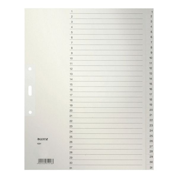 LEITZ tabbladen 1231, A4 extra breed, 1-31 31-delig, grijs, gerecycleerd vezelpapier