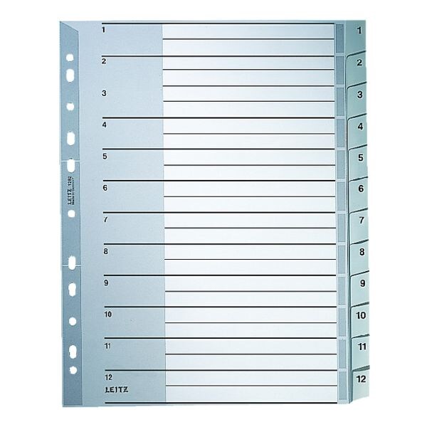 LEITZ tabbladen 1282, A4 extra breed, 1-12 12-delig, grijs, kunststof